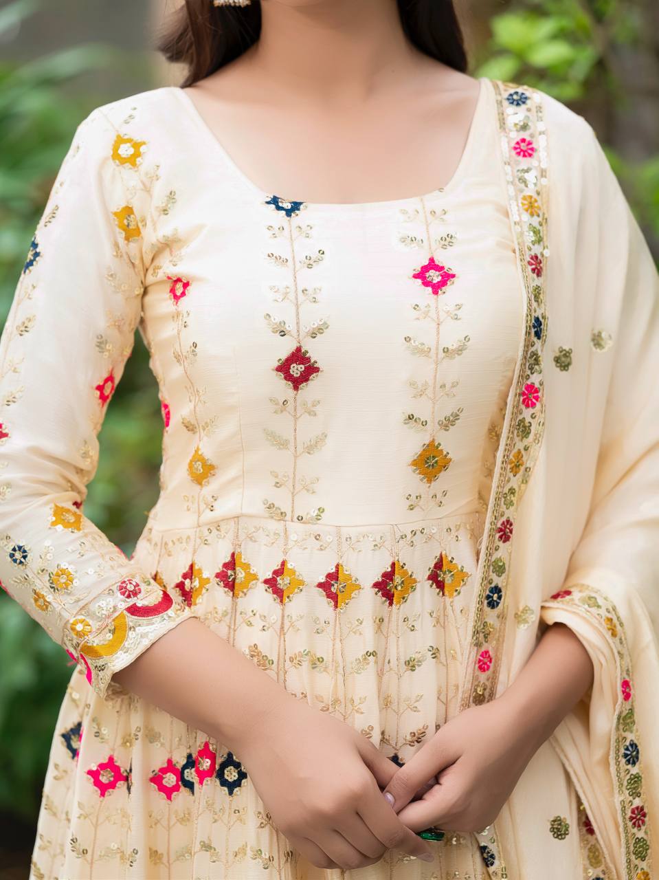 Designer Chinon Silk Anarkali Gown with Fancy Sleeves, Pants & Embroidered Dupatta