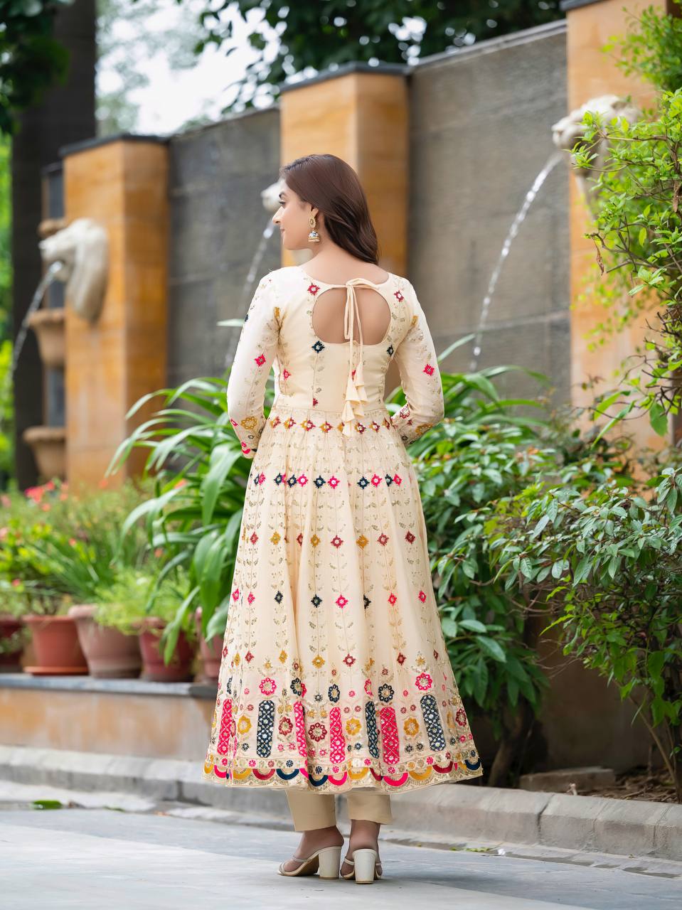 Designer Chinon Silk Anarkali Gown with Fancy Sleeves, Pants & Embroidered Dupatta