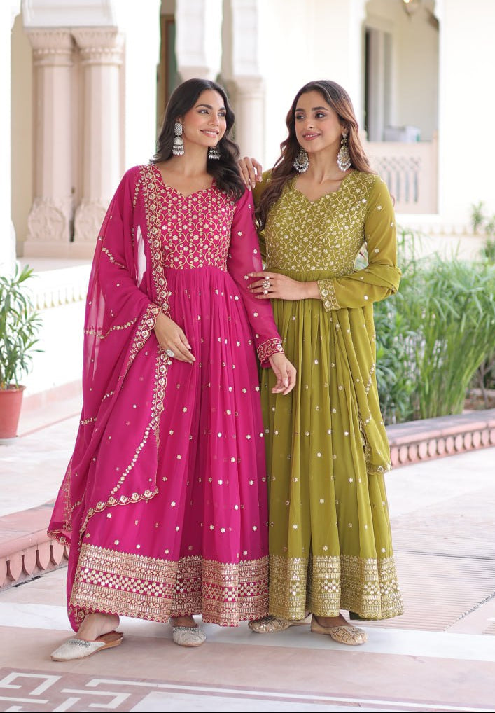 Vijodhya Premium Faux Georgette Sequins & Zari Embroidered Anarkali Gown Set