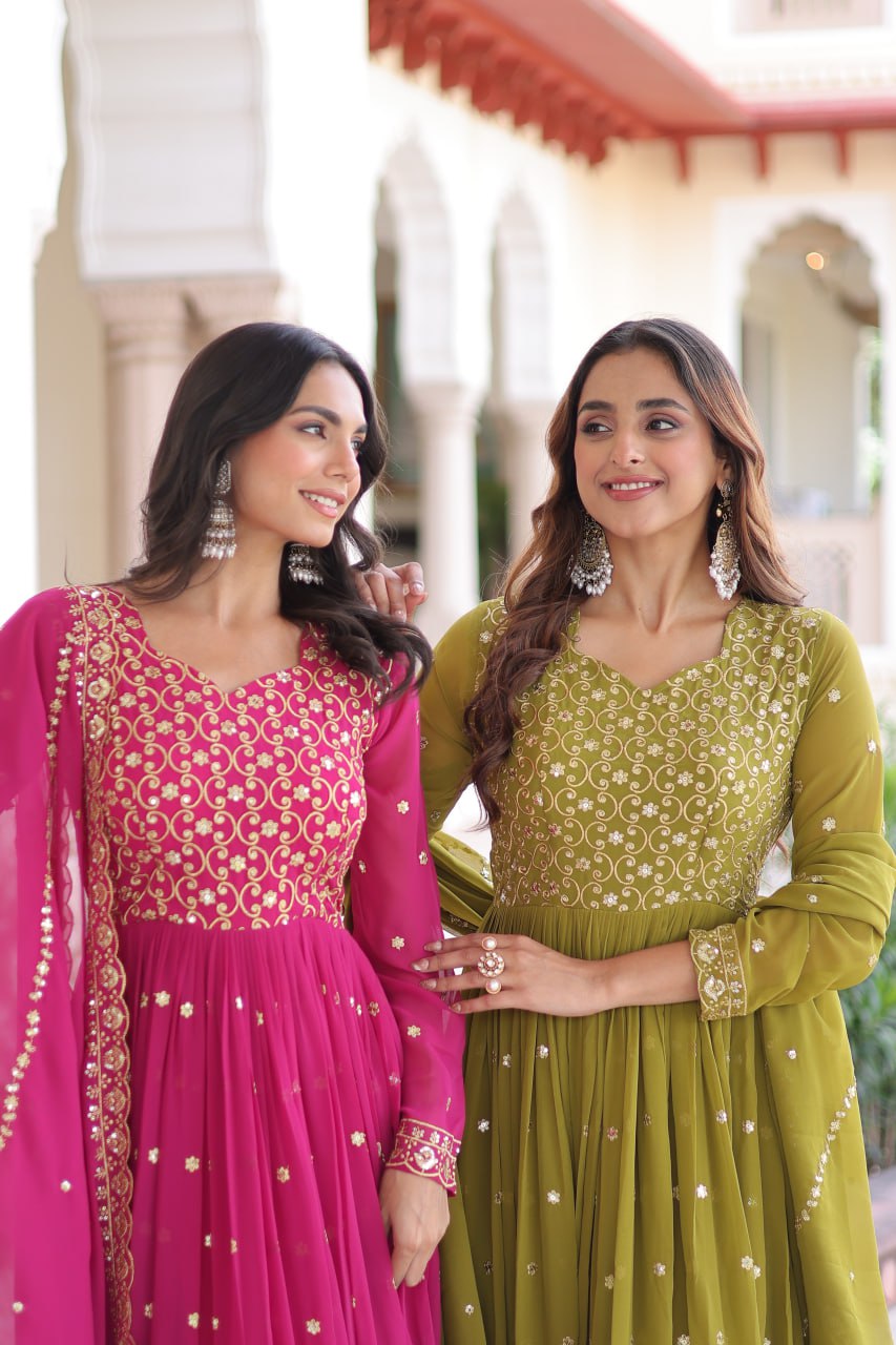 Vijodhya Premium Faux Georgette Sequins & Zari Embroidered Anarkali Gown Set