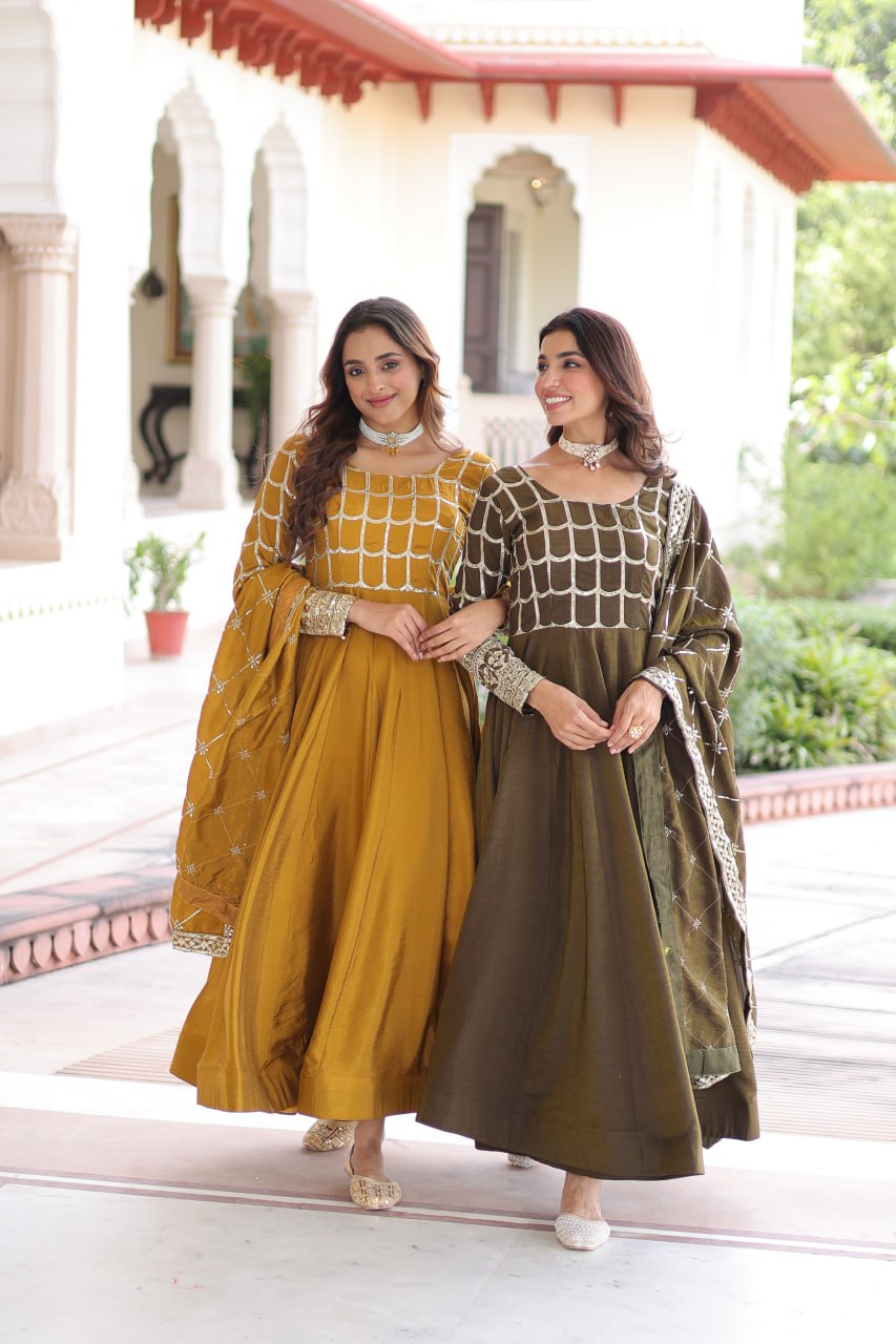 Vijodhya Premium Vichitra Anarkali Gown Set with Dupatta
