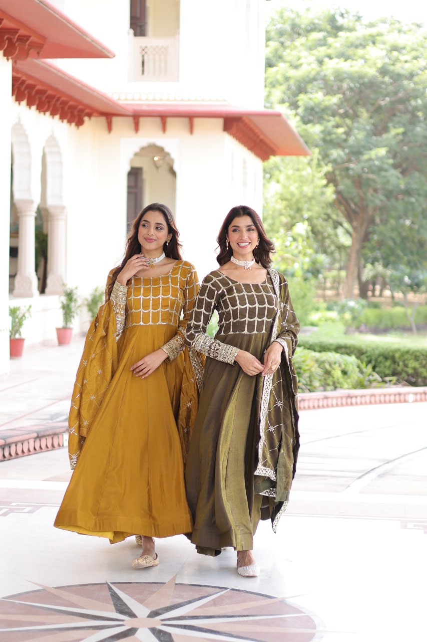 Vijodhya Premium Vichitra Anarkali Gown Set with Dupatta