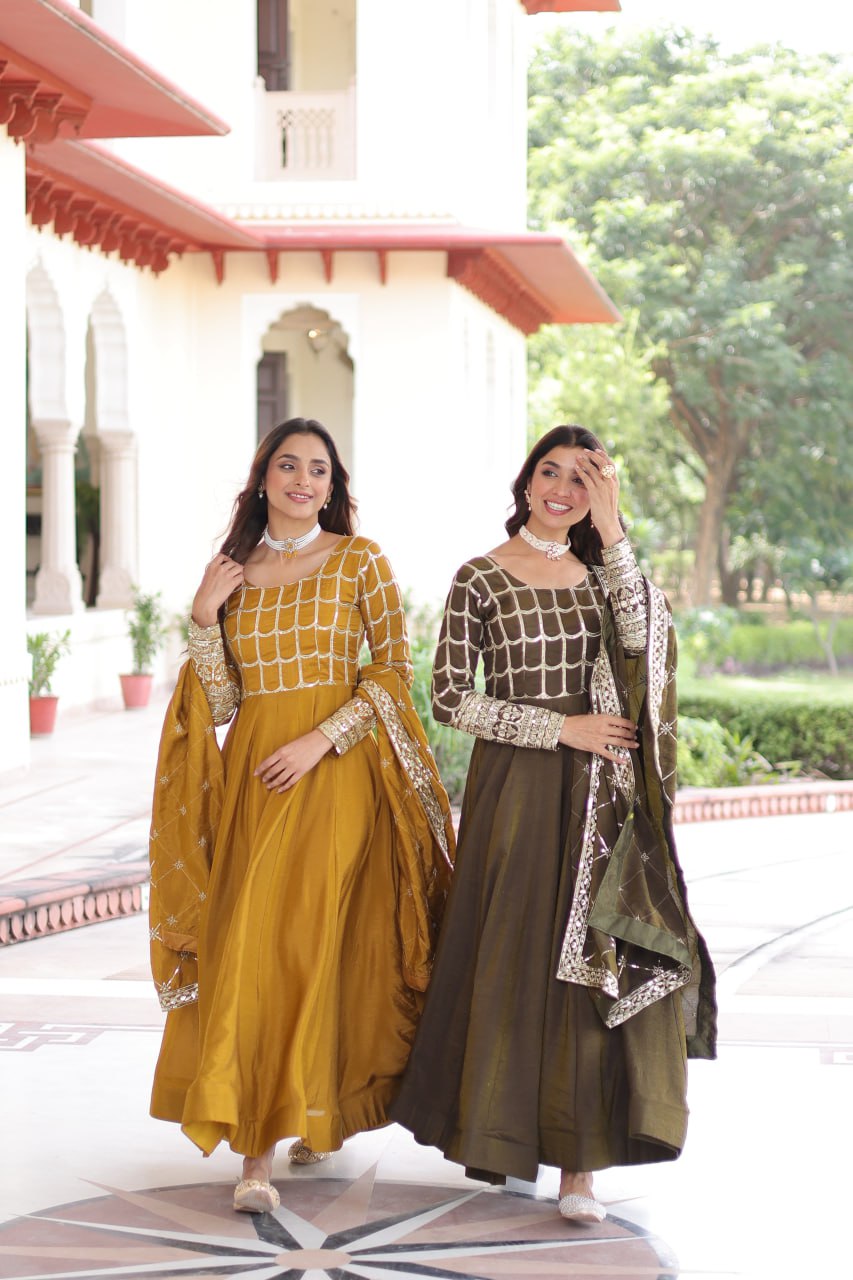 Vijodhya Premium Vichitra Anarkali Gown Set with Dupatta