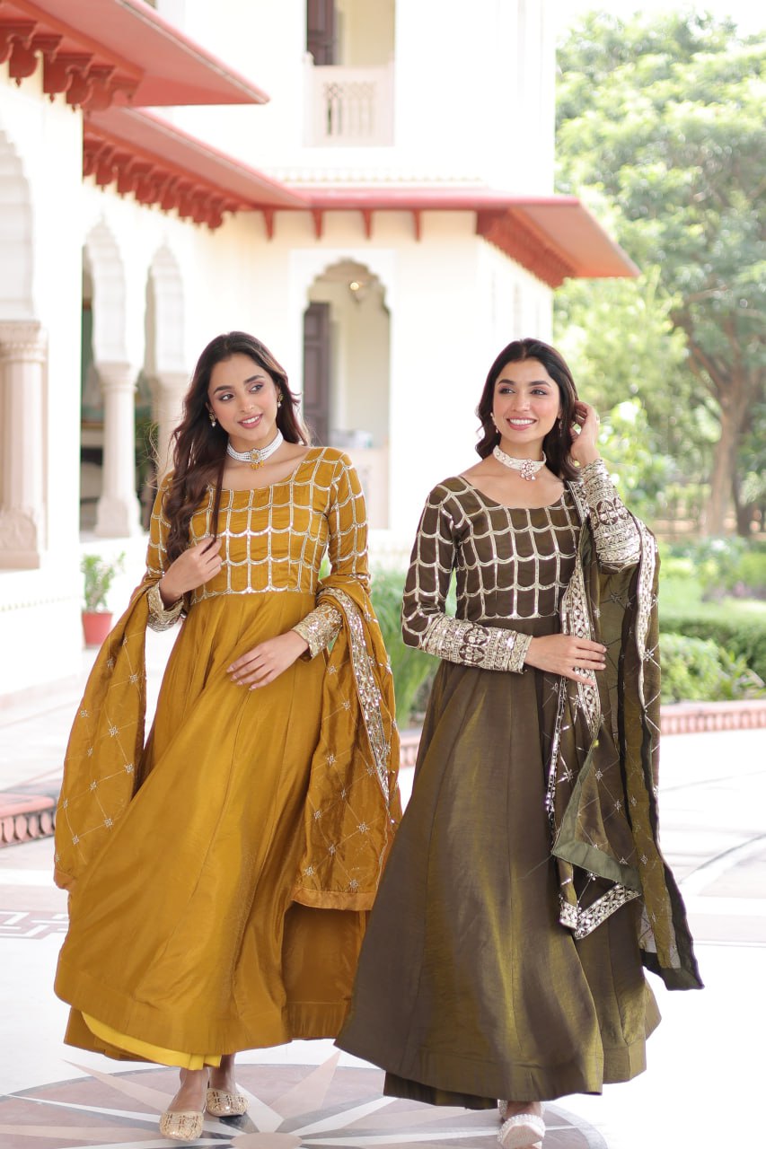 Vijodhya Premium Vichitra Anarkali Gown Set with Dupatta