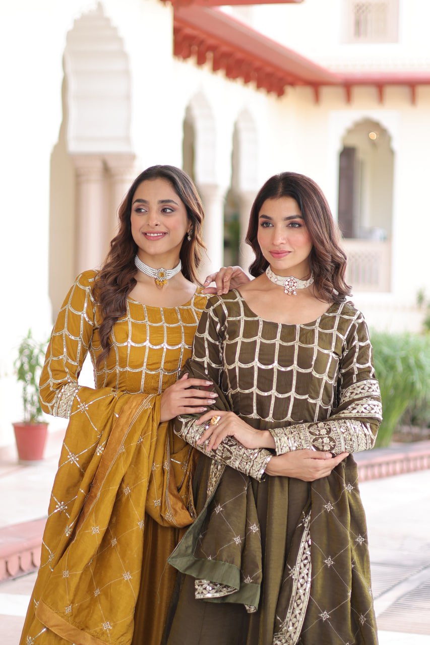 Vijodhya Premium Vichitra Anarkali Gown Set with Dupatta