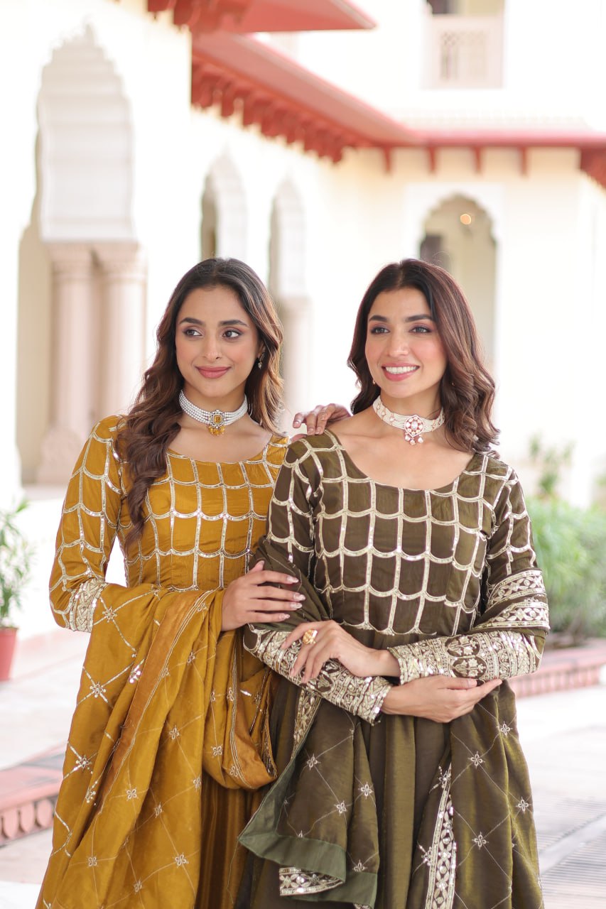 Vijodhya Premium Vichitra Anarkali Gown Set with Dupatta