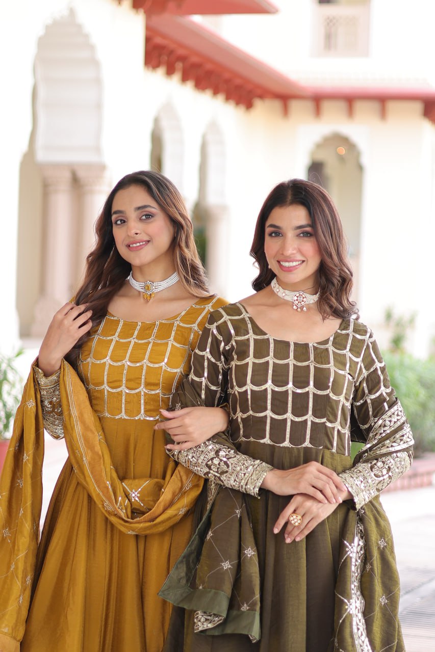 Vijodhya Premium Vichitra Anarkali Gown Set with Dupatta