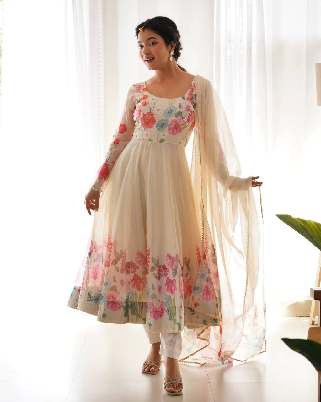 White Premium Designer Pure Soft Organza Silk Print Anarkali Suit