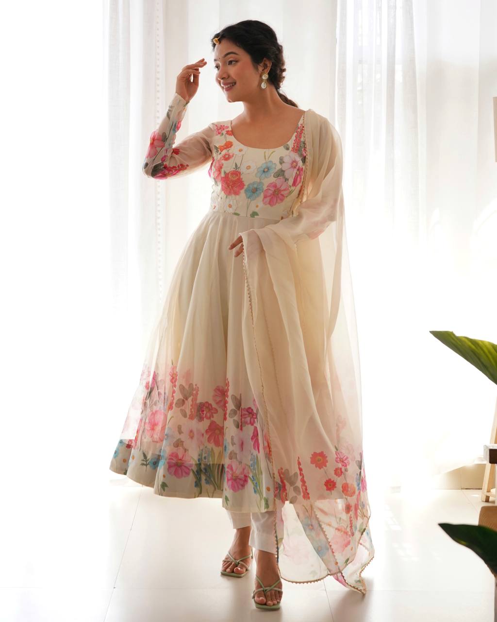 White Premium Designer Pure Soft Organza Silk Print Anarkali Suit