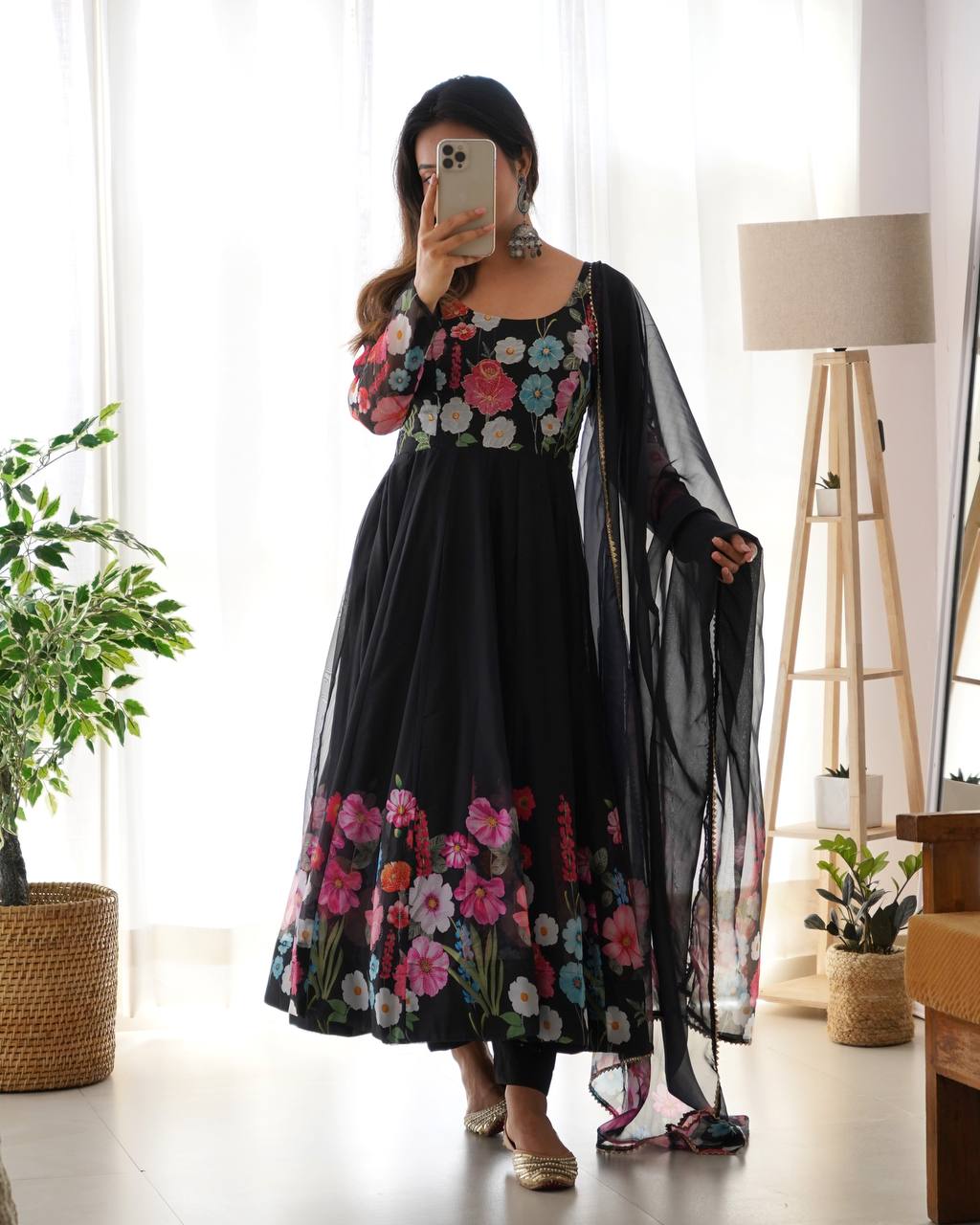 Black Premium Designer Pure Soft Organza Silk Print Anarkali Suit