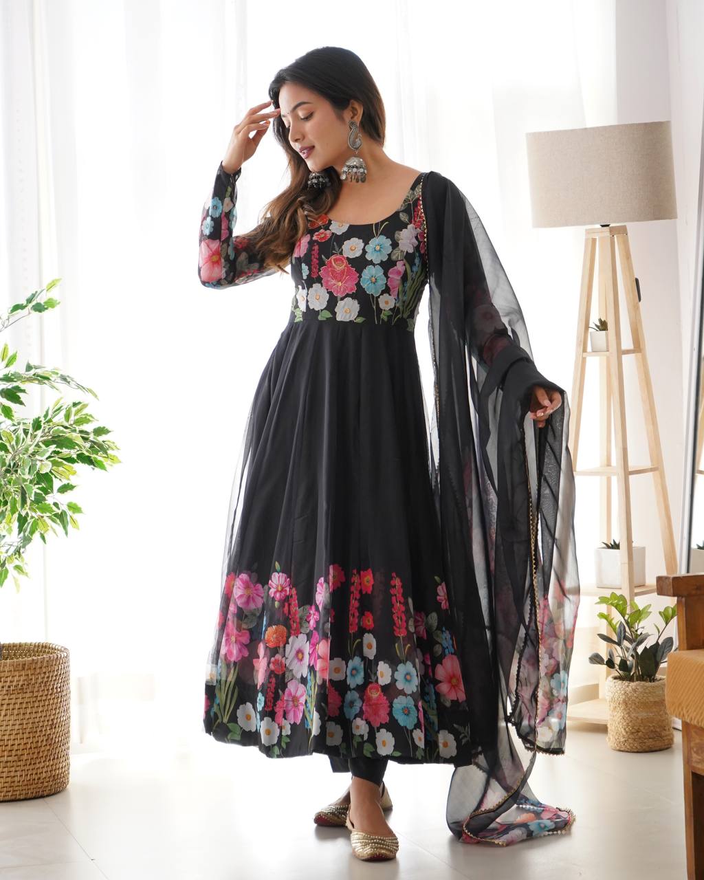 Black Premium Designer Pure Soft Organza Silk Print Anarkali Suit