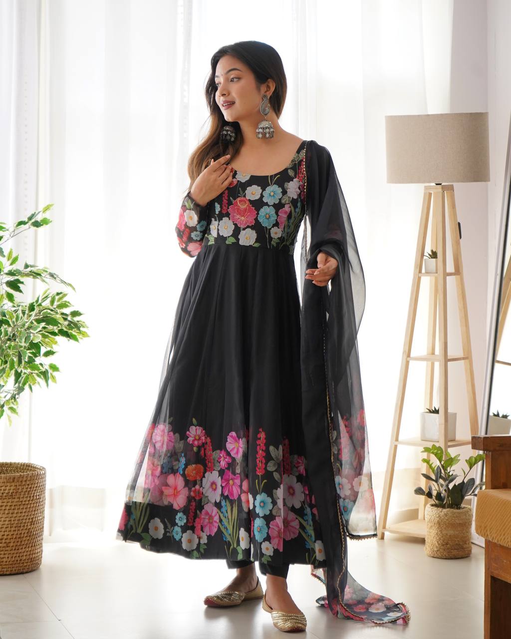 Black Premium Designer Pure Soft Organza Silk Print Anarkali Suit