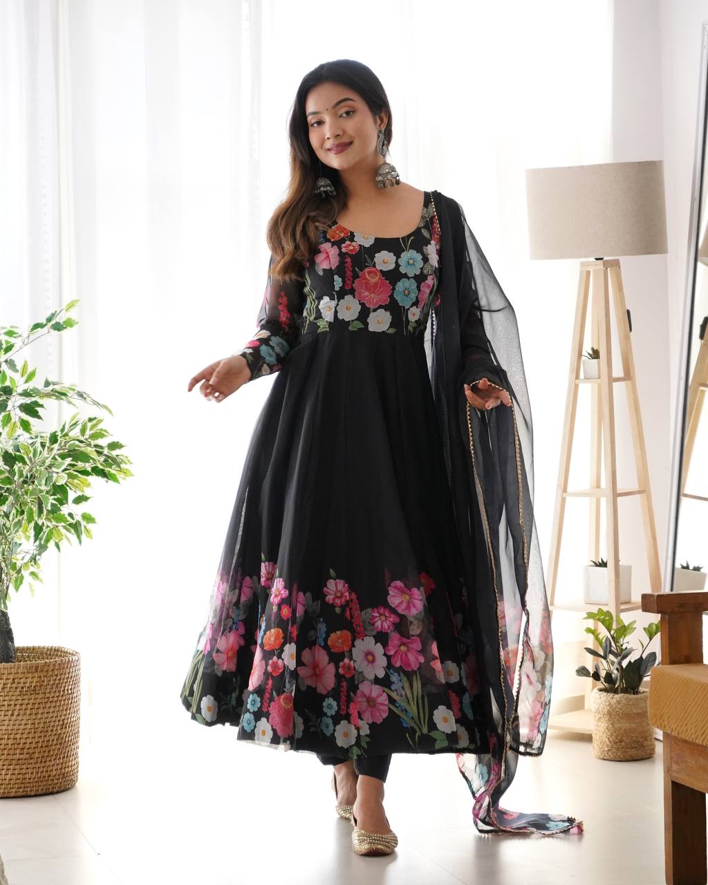 Black Premium Designer Pure Soft Organza Silk Print Anarkali Suit