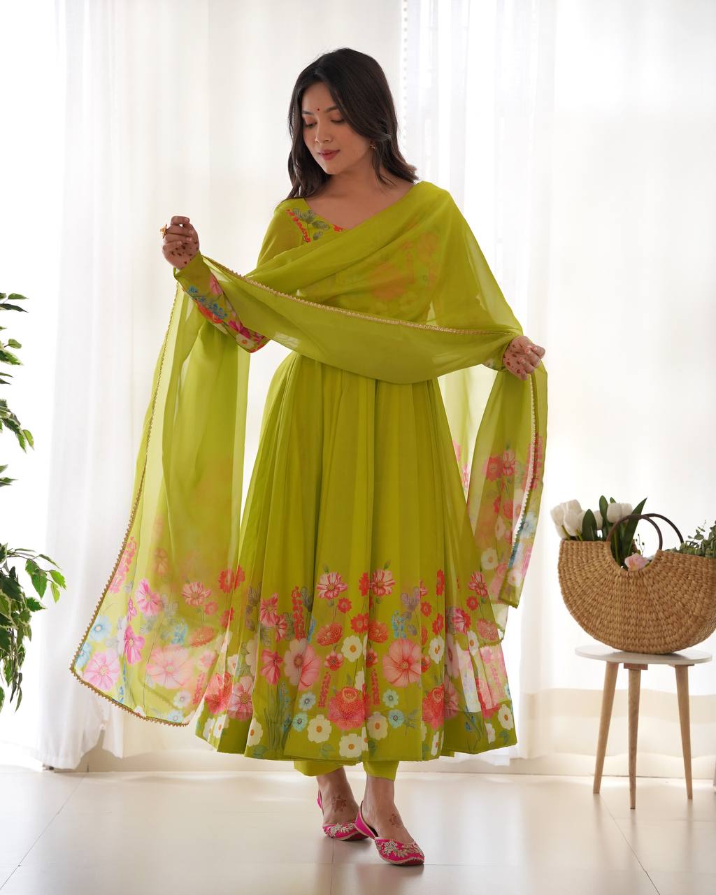 Green Premium Designer Pure Soft Organza Silk Print Anarkali Suit
