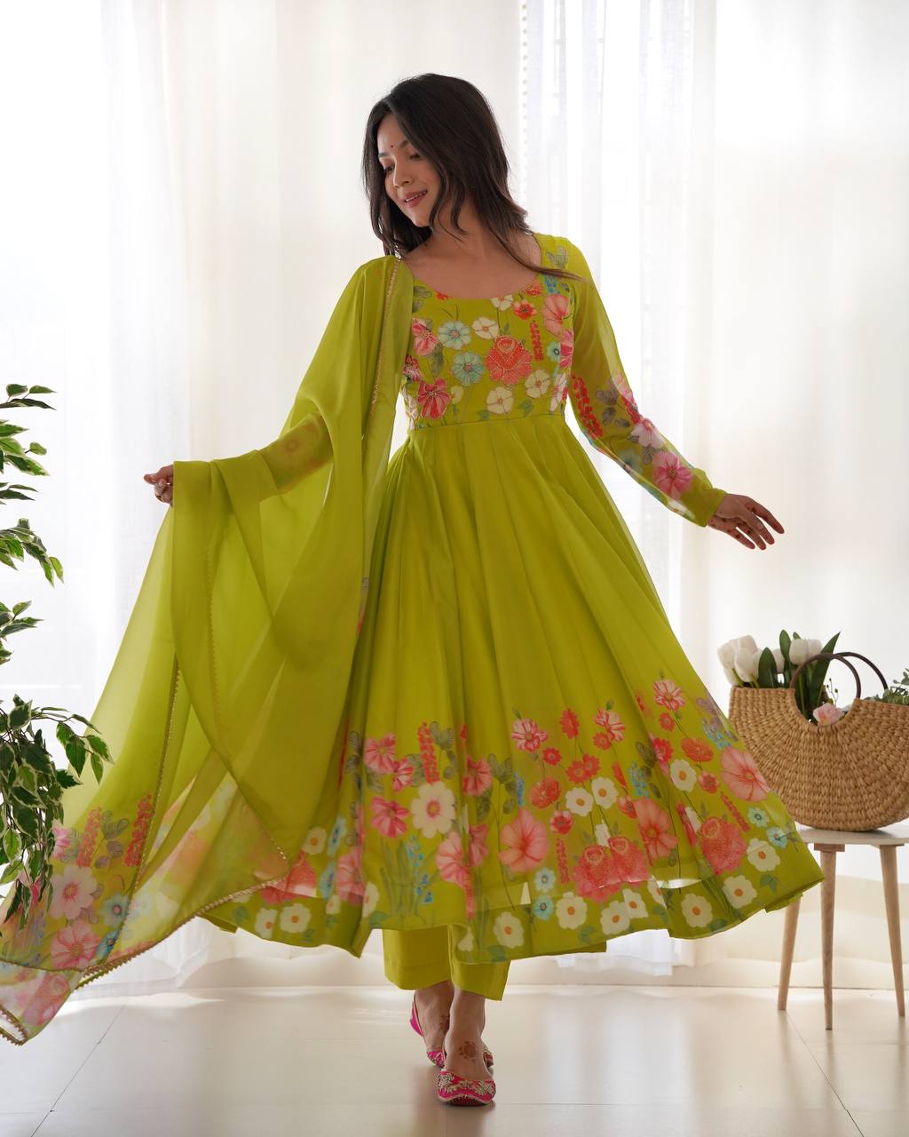 Green Premium Designer Pure Soft Organza Silk Print Anarkali Suit