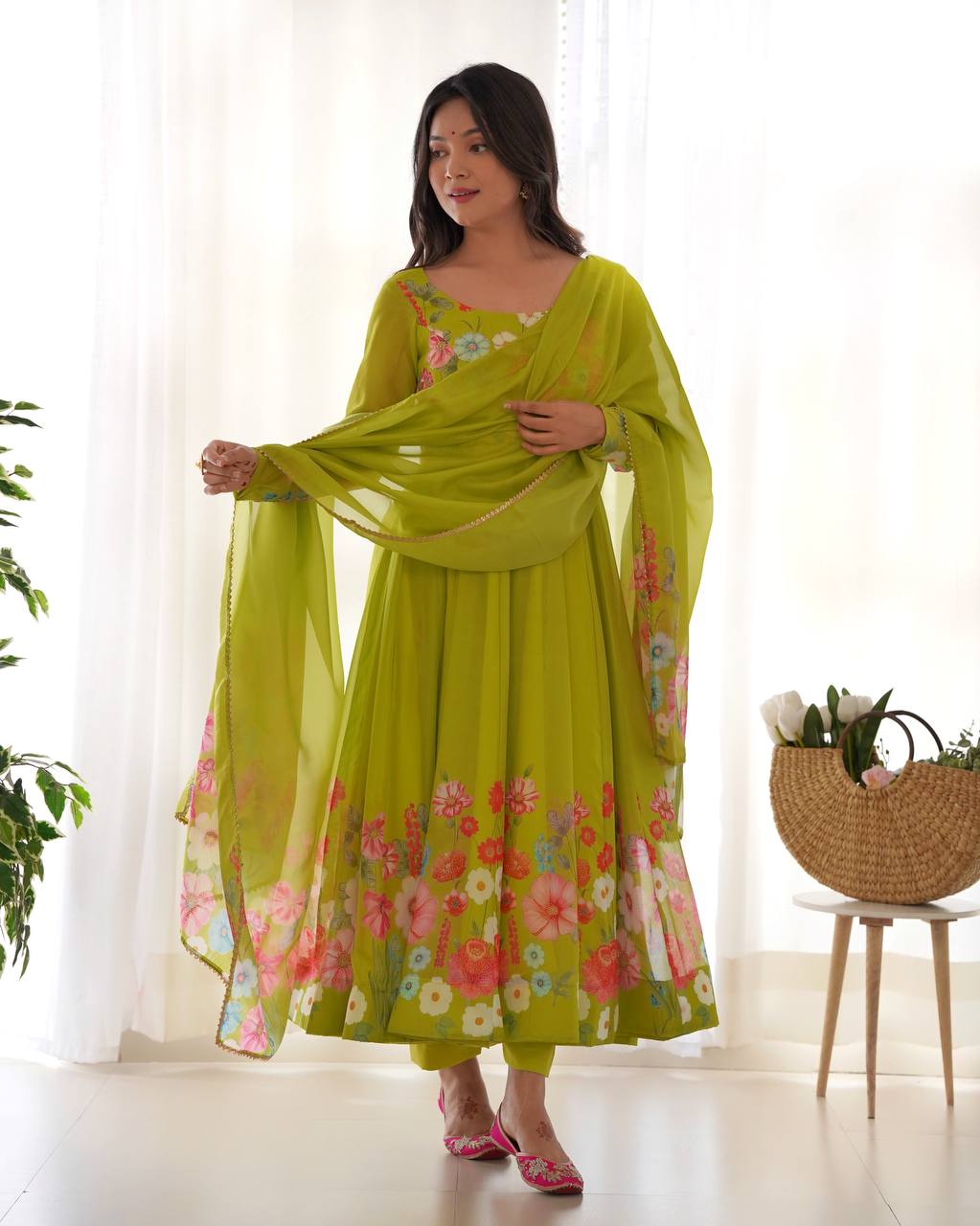 Green Premium Designer Pure Soft Organza Silk Print Anarkali Suit