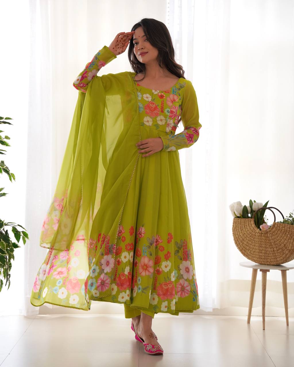 Green Premium Designer Pure Soft Organza Silk Print Anarkali Suit