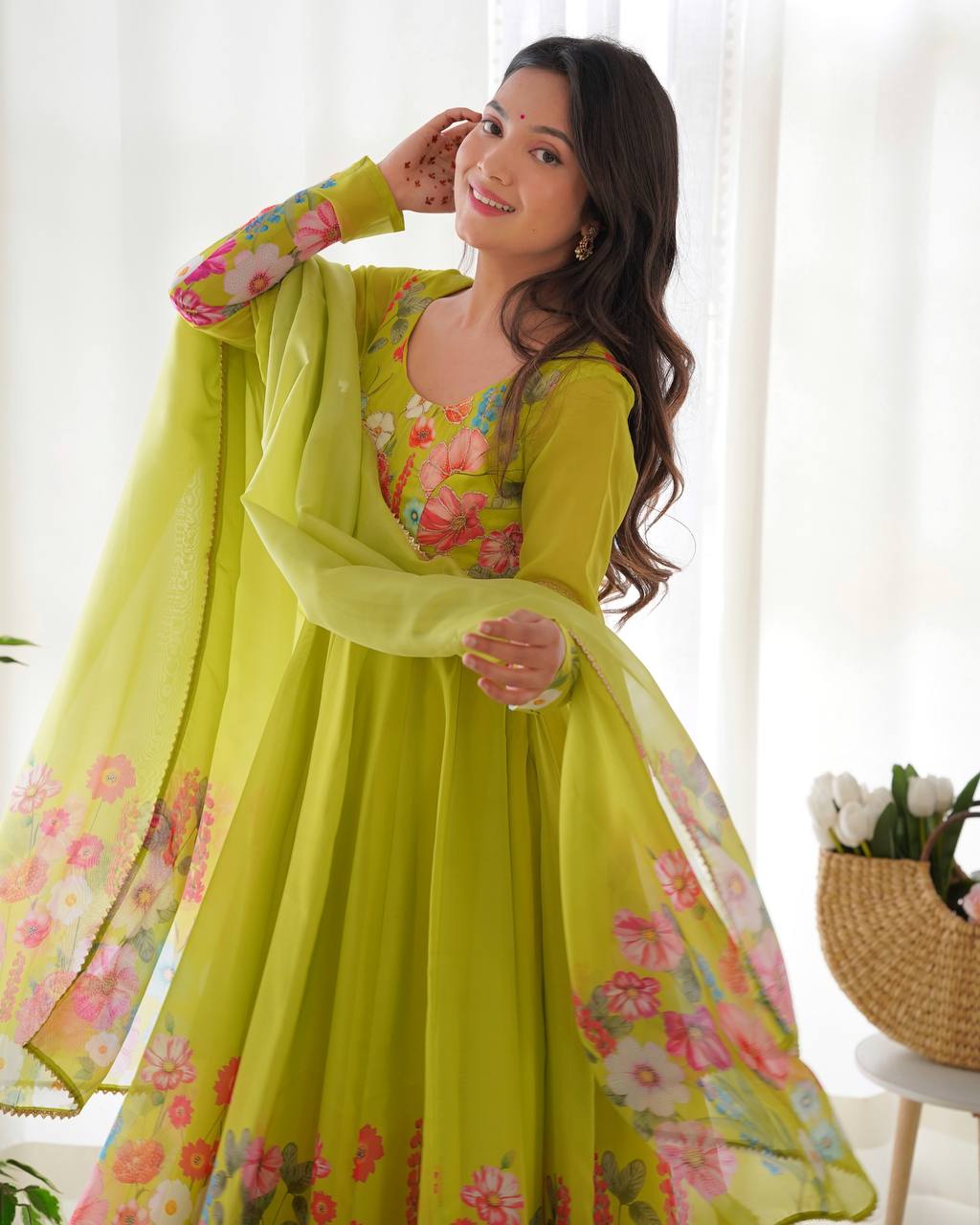 Green Premium Designer Pure Soft Organza Silk Print Anarkali Suit
