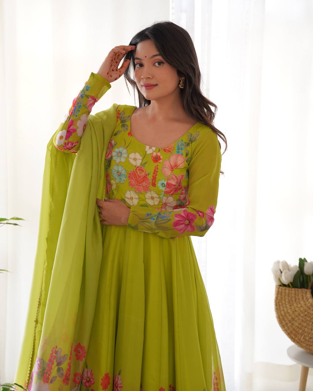 Green Premium Designer Pure Soft Organza Silk Print Anarkali Suit