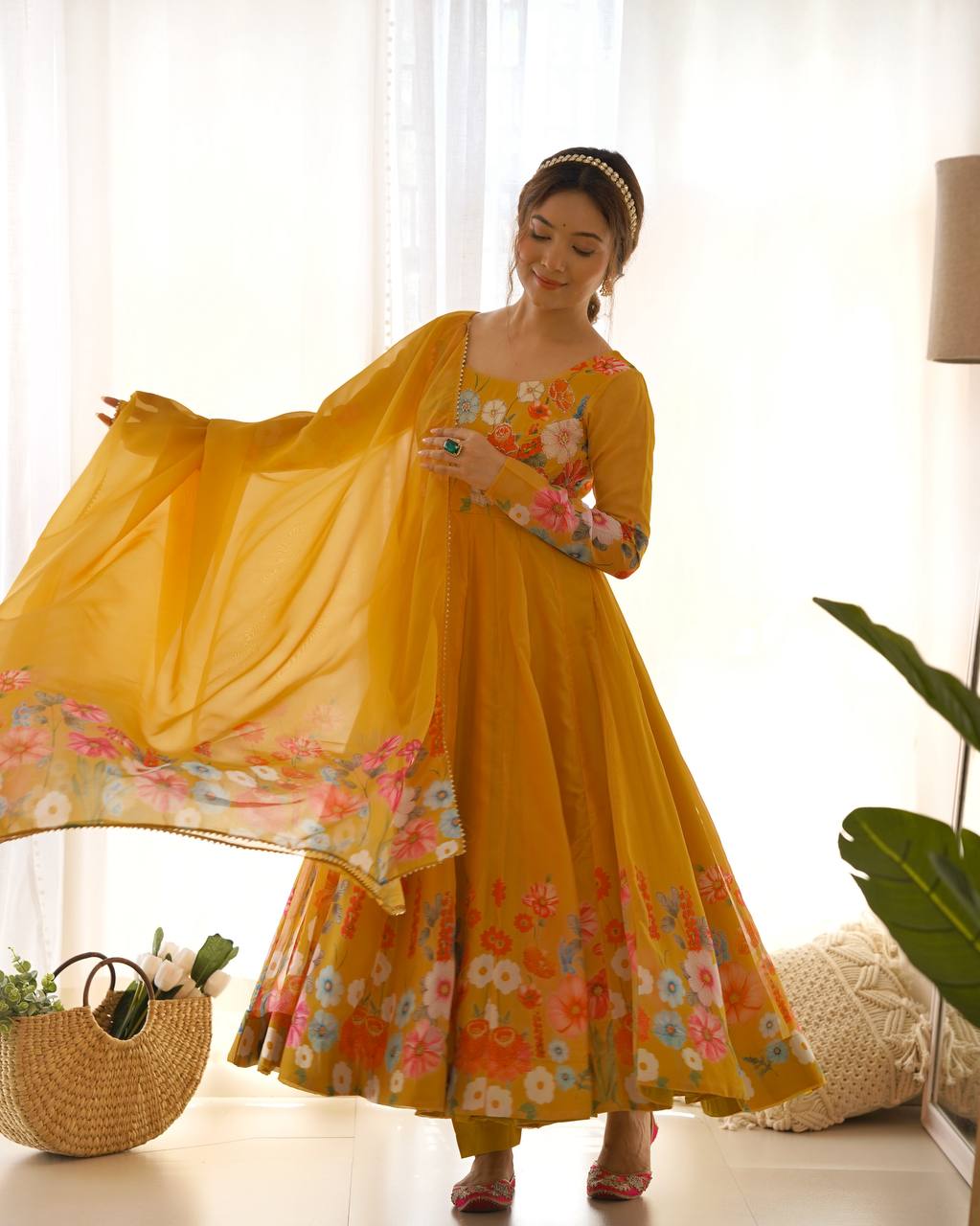 Yellow Premium Designer Pure Soft Organza Silk Print Anarkali Suit