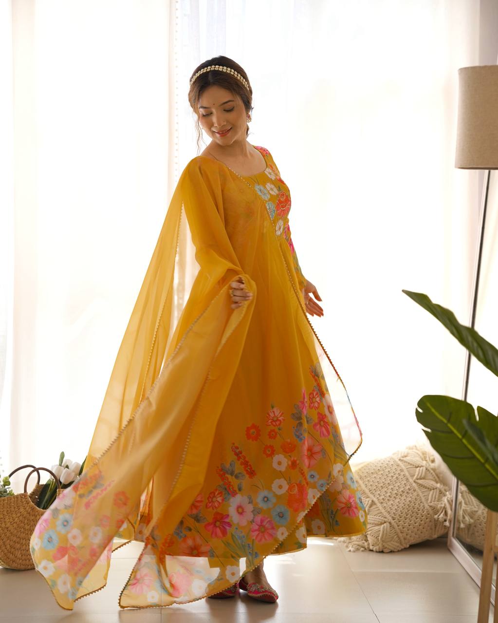 Yellow Premium Designer Pure Soft Organza Silk Print Anarkali Suit