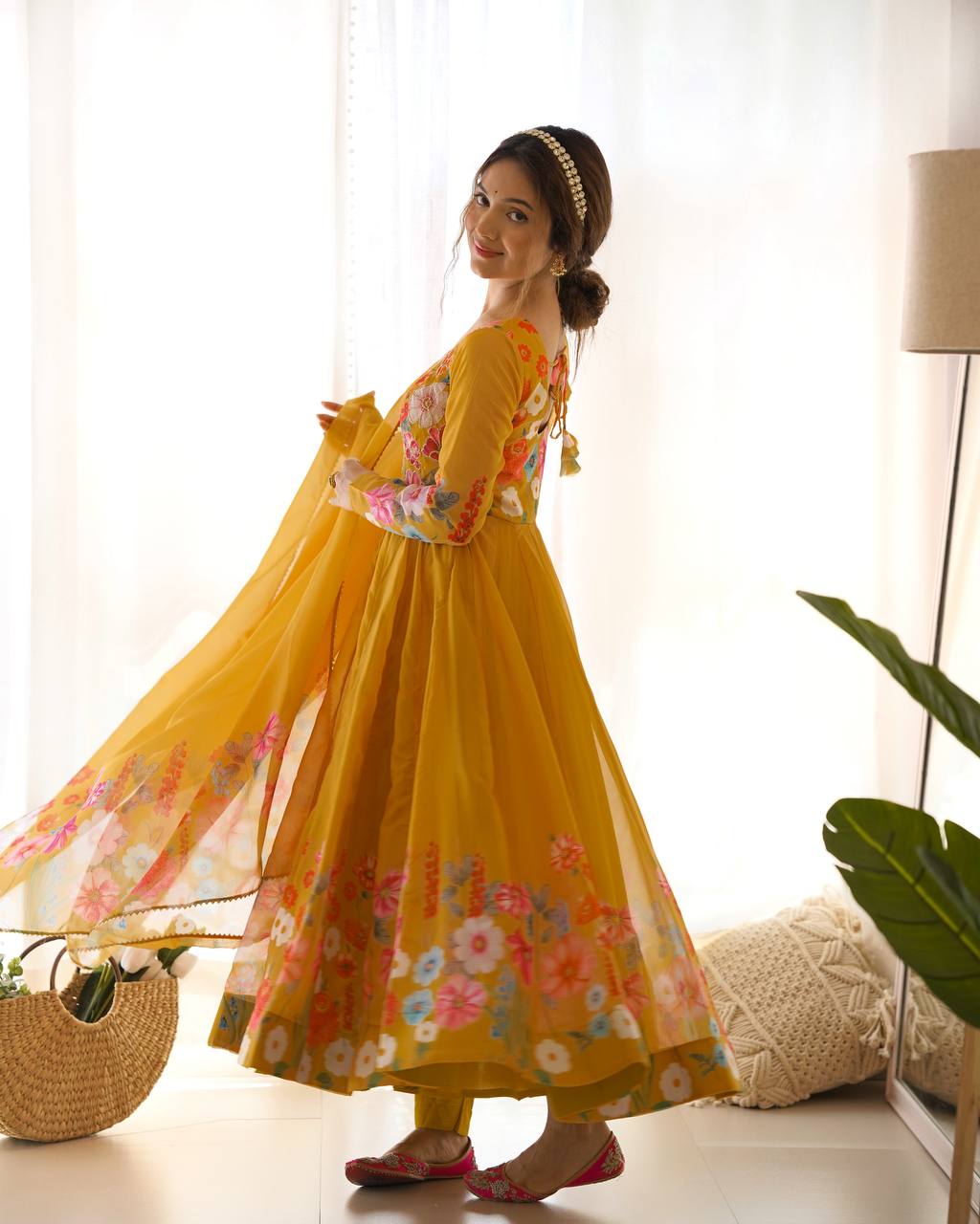Yellow Premium Designer Pure Soft Organza Silk Print Anarkali Suit