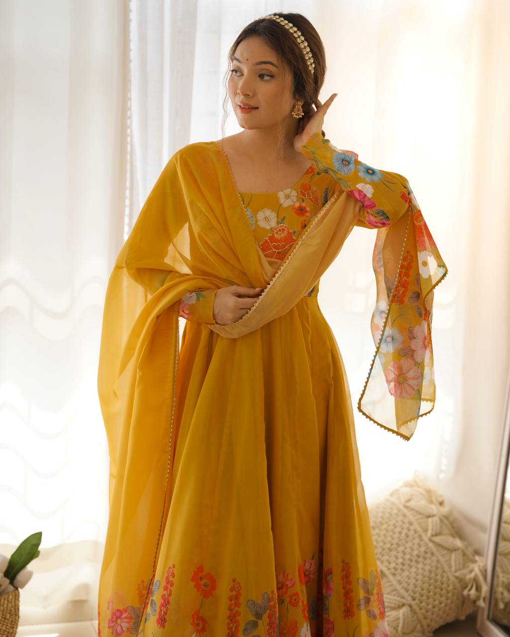 Yellow Premium Designer Pure Soft Organza Silk Print Anarkali Suit