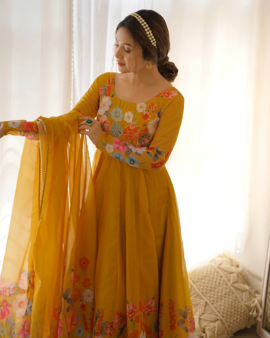 Yellow Premium Designer Pure Soft Organza Silk Print Anarkali Suit