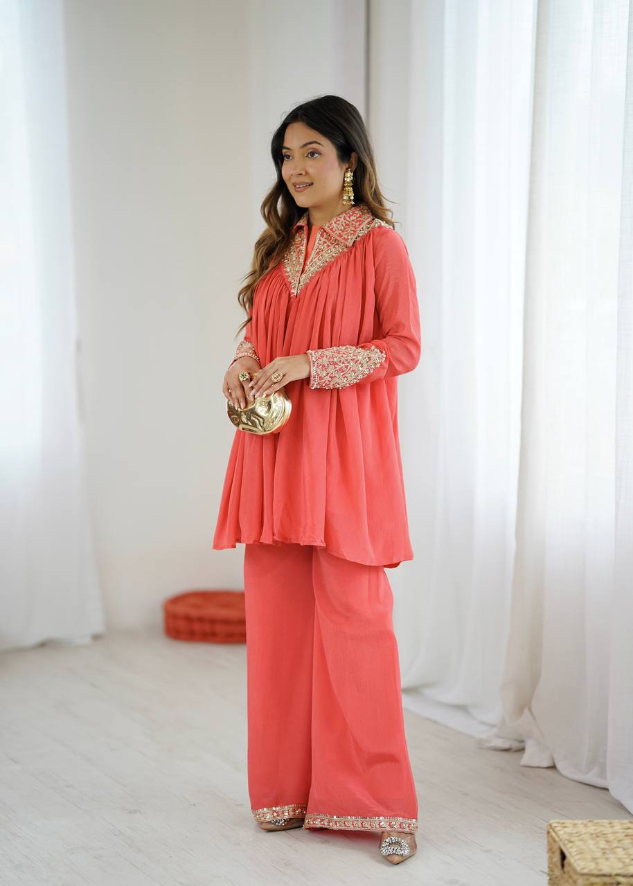 New Designer Partywear Heavy Chinon with Embroidery Sequence Work Kurta With Plazzo Set