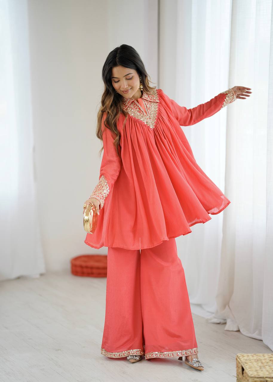 New Designer Partywear Heavy Chinon with Embroidery Sequence Work Kurta With Plazzo Set