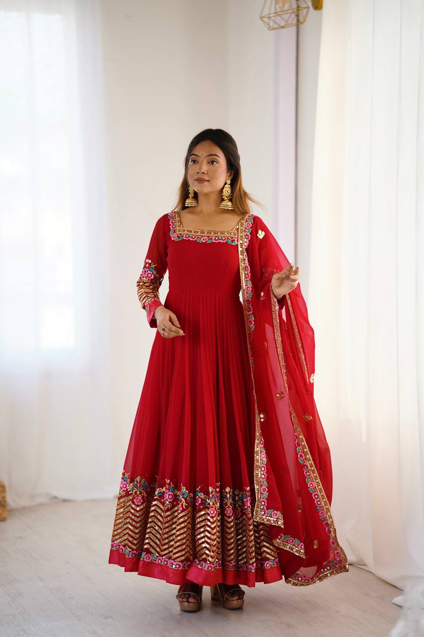 Heavy Georgette Embroidered Gown Set with Dupatta & Bottom (Ready to Wear)