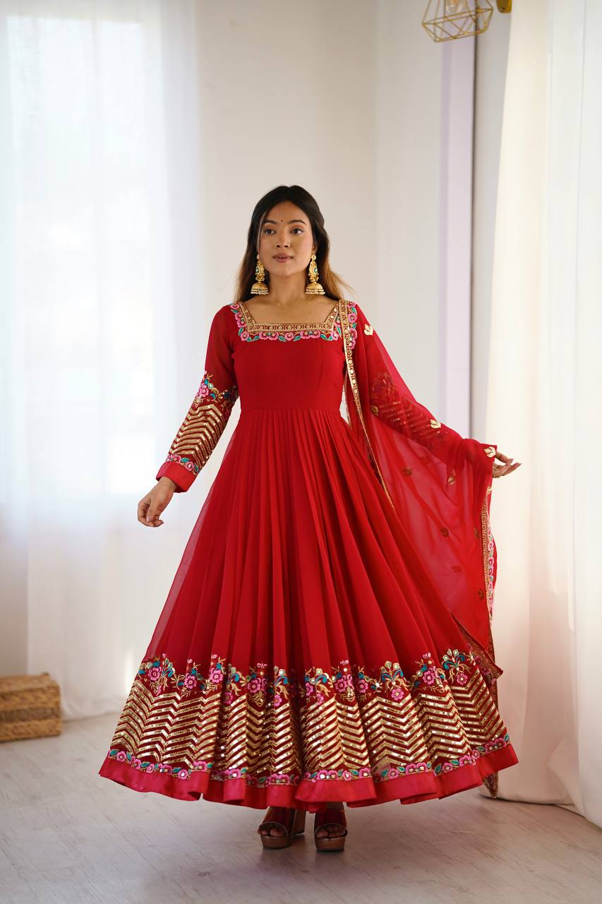 Heavy Georgette Embroidered Gown Set with Dupatta & Bottom (Ready to Wear)