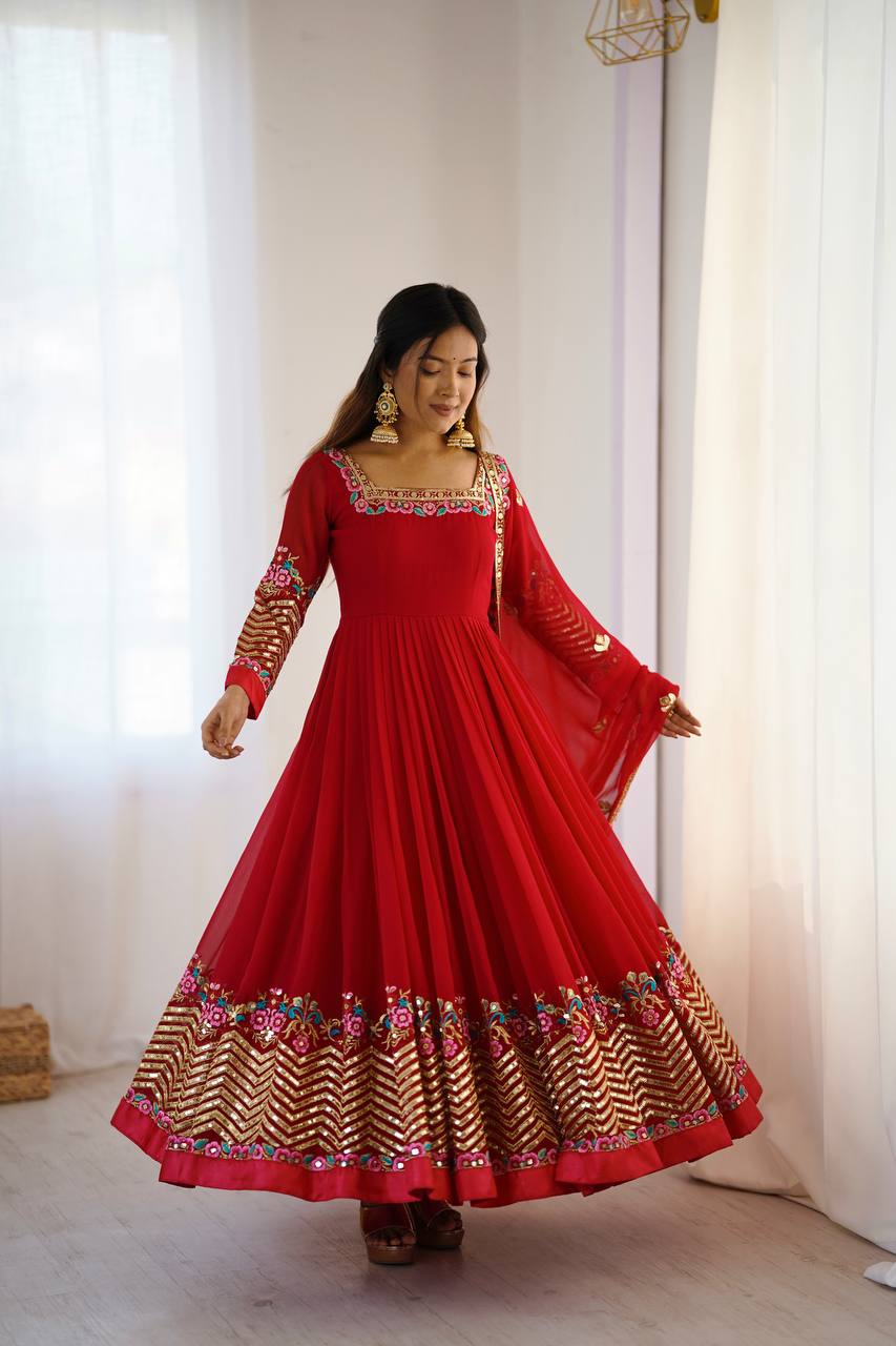 Heavy Georgette Embroidered Gown Set with Dupatta & Bottom (Ready to Wear)