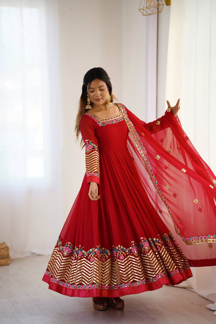 Heavy Georgette Embroidered Gown Set with Dupatta & Bottom (Ready to Wear)