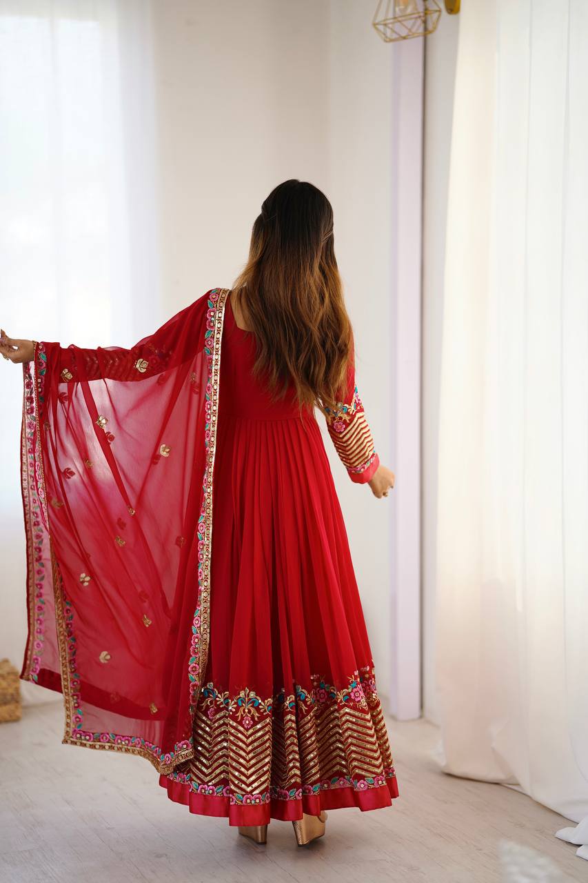 Heavy Georgette Embroidered Gown Set with Dupatta & Bottom (Ready to Wear)