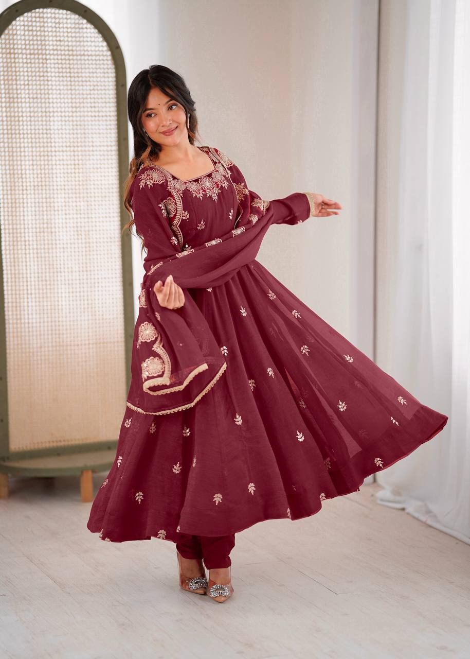 Wedding & Party Wear Anarkali Gown – Crunchy Silk with Embroidery & Dupatta