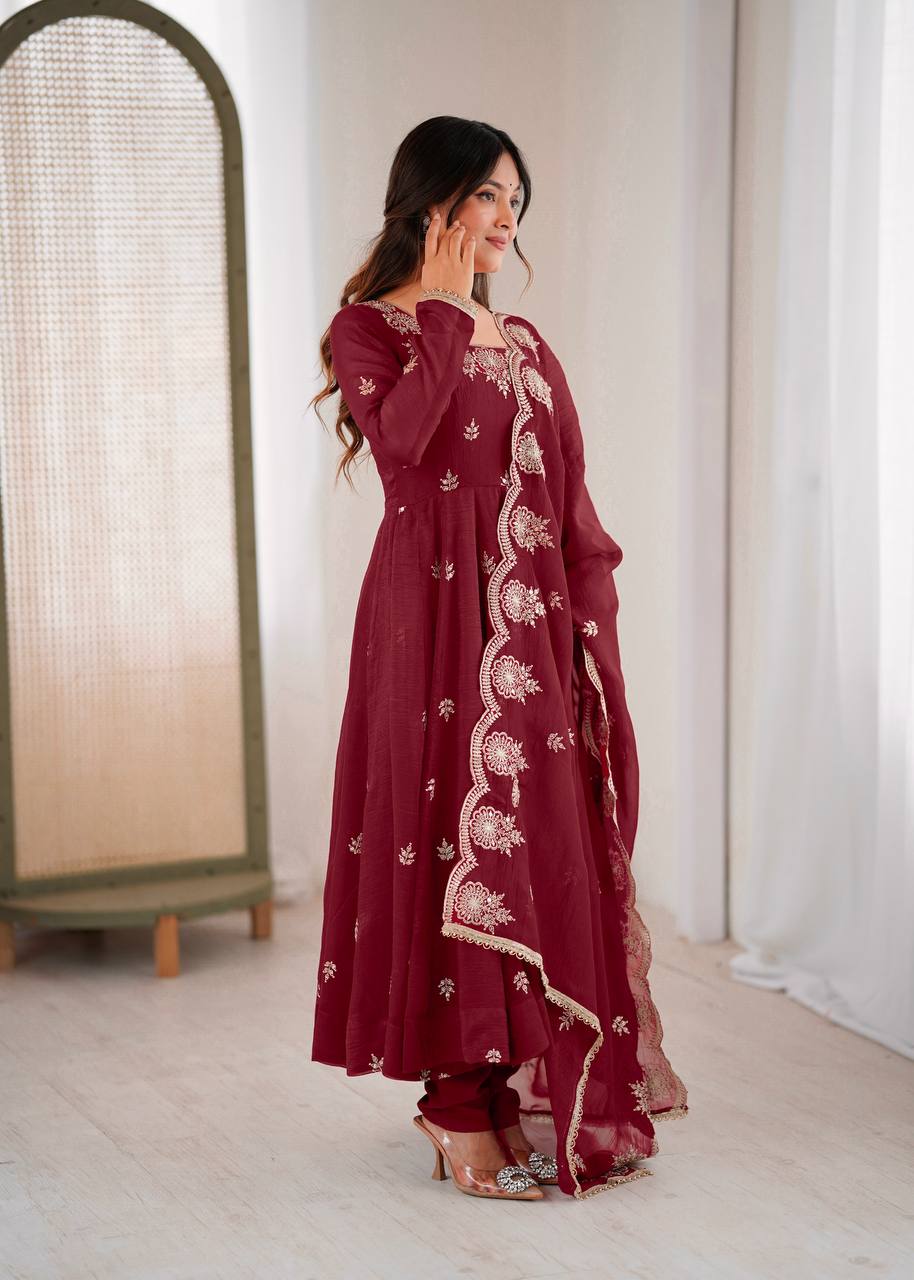Wedding & Party Wear Anarkali Gown – Crunchy Silk with Embroidery & Dupatta
