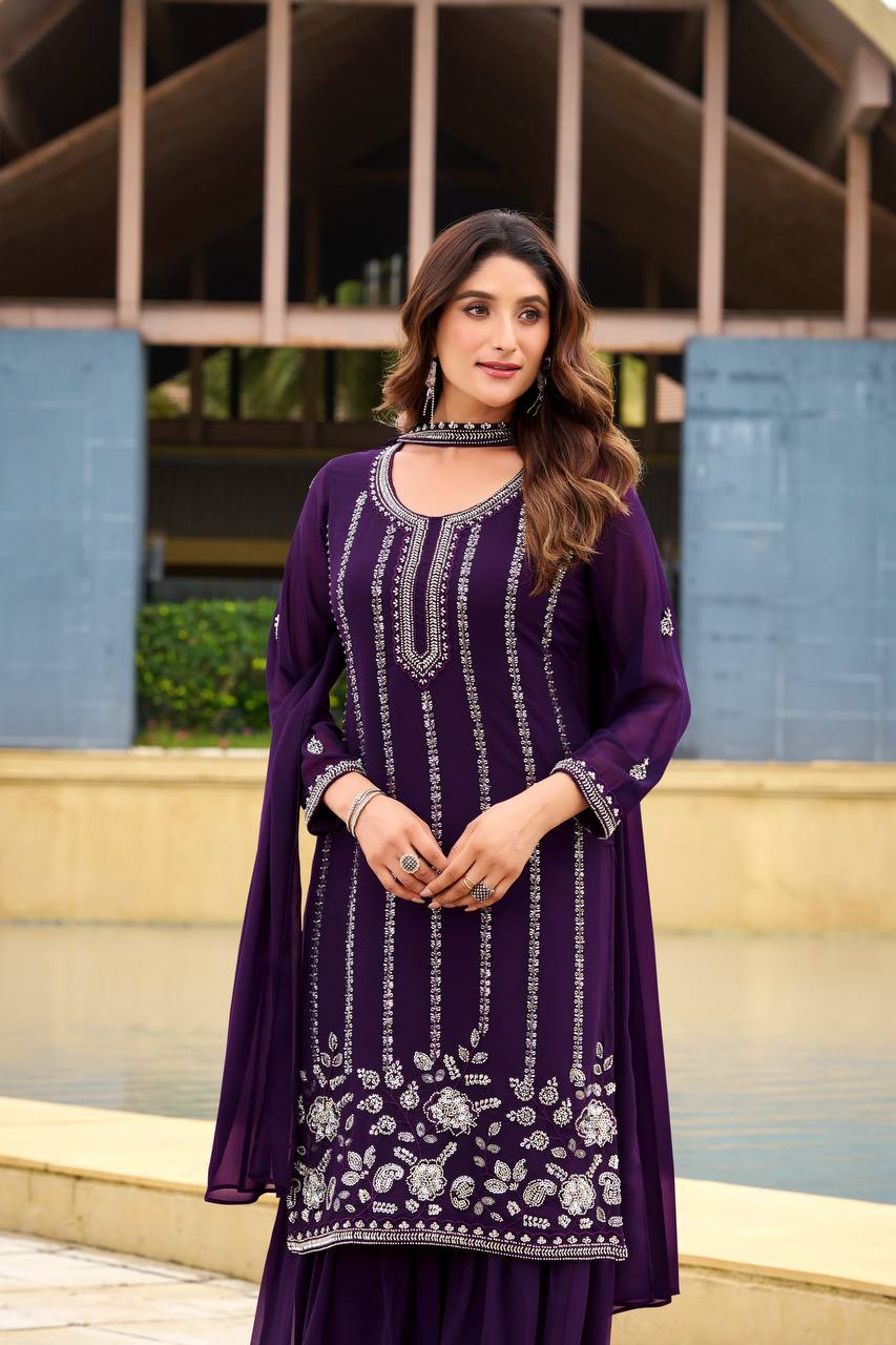 Purple Premium Designer Kurta With Sharara Set