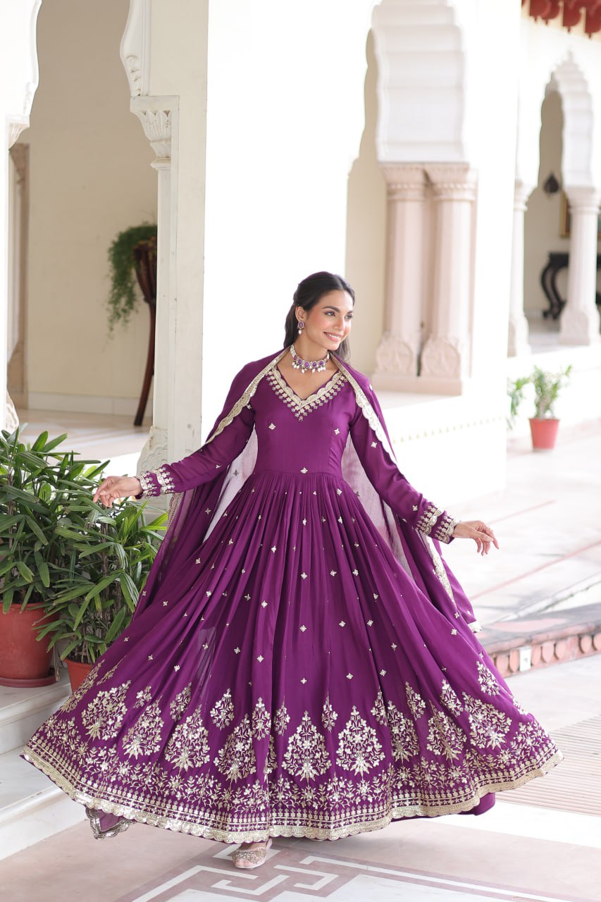 Vijodhya Vichitra Silk Sequins Embroidered Anarkali Gown with Dupatta