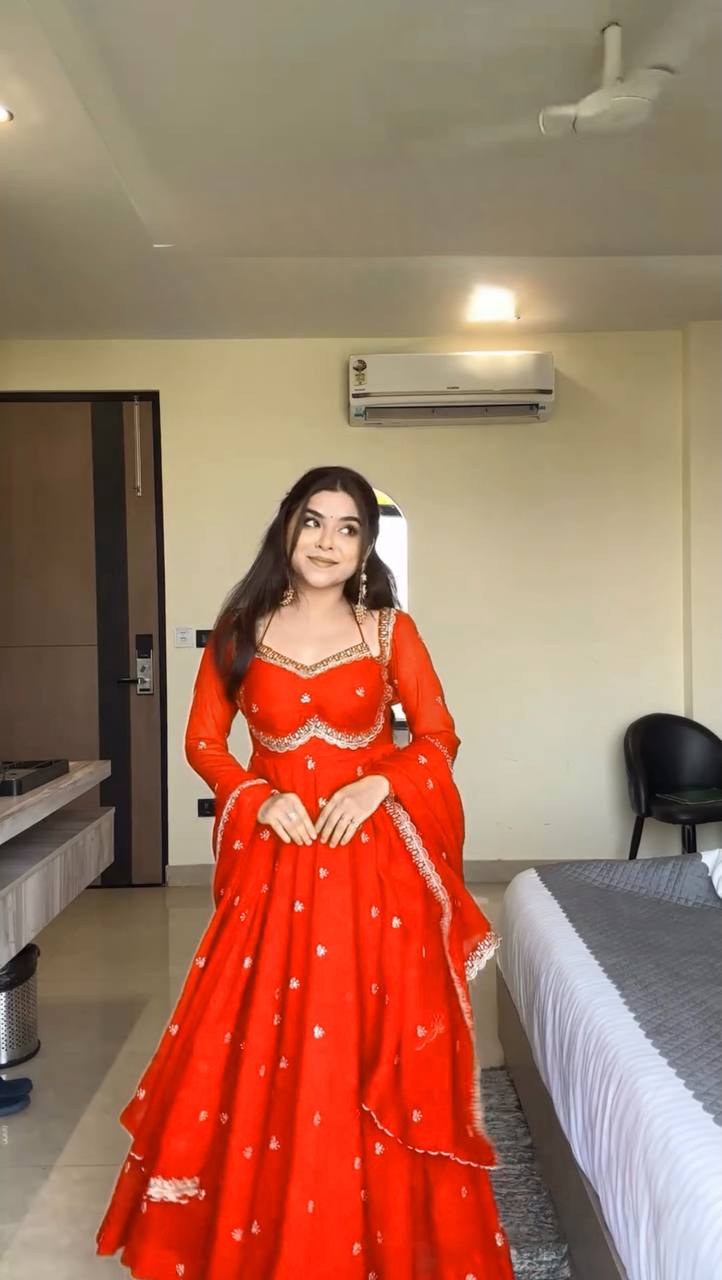 Orange New Partywear Heavy Faux Georgette Designer Kurta Set