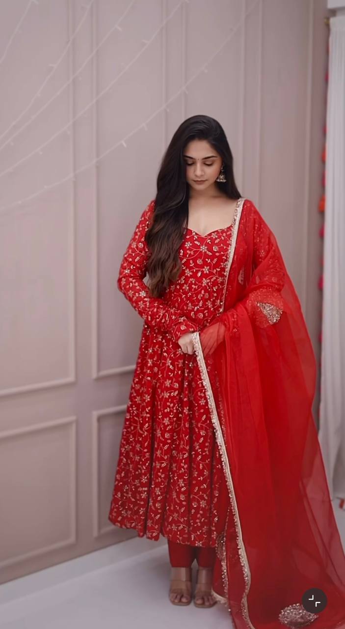 Stunning Red Colour Premium Anarkali Suit Set