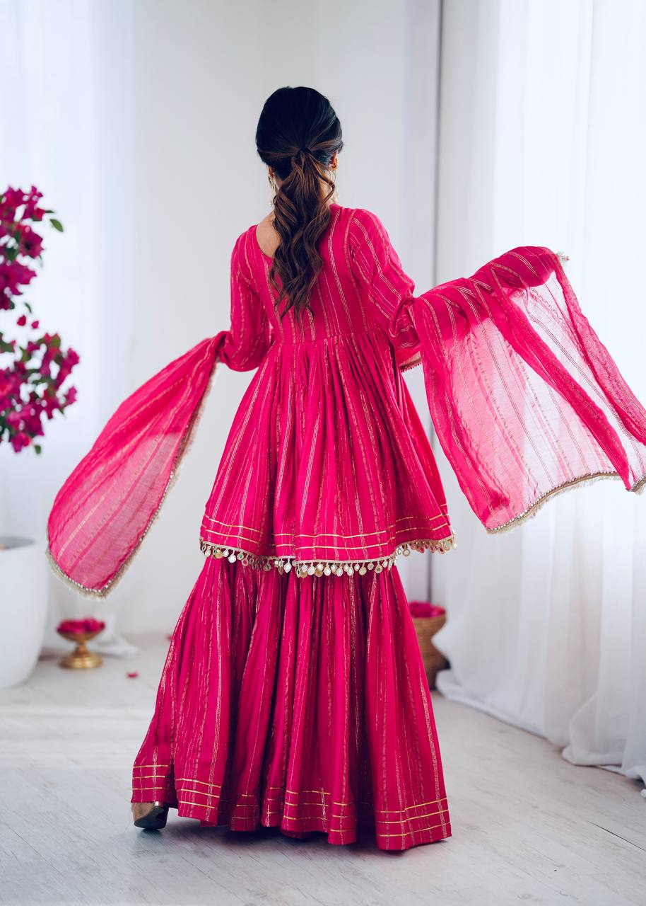Mal Chanderi Sharara Set with Real Mirror Handwork & Dupatta – Fully Stitched