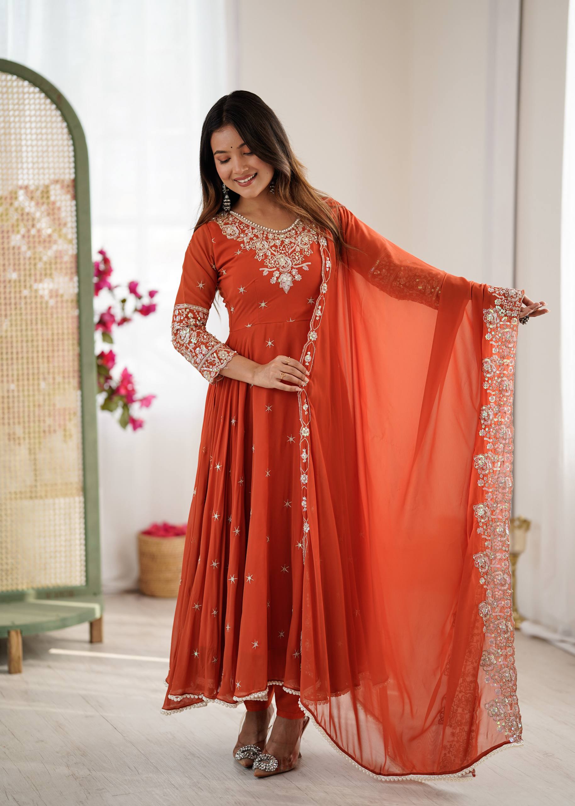 Designer Anarkali Gown with Dupatta & Bottom | Heavy Embroidery Rainbow Sequin Work