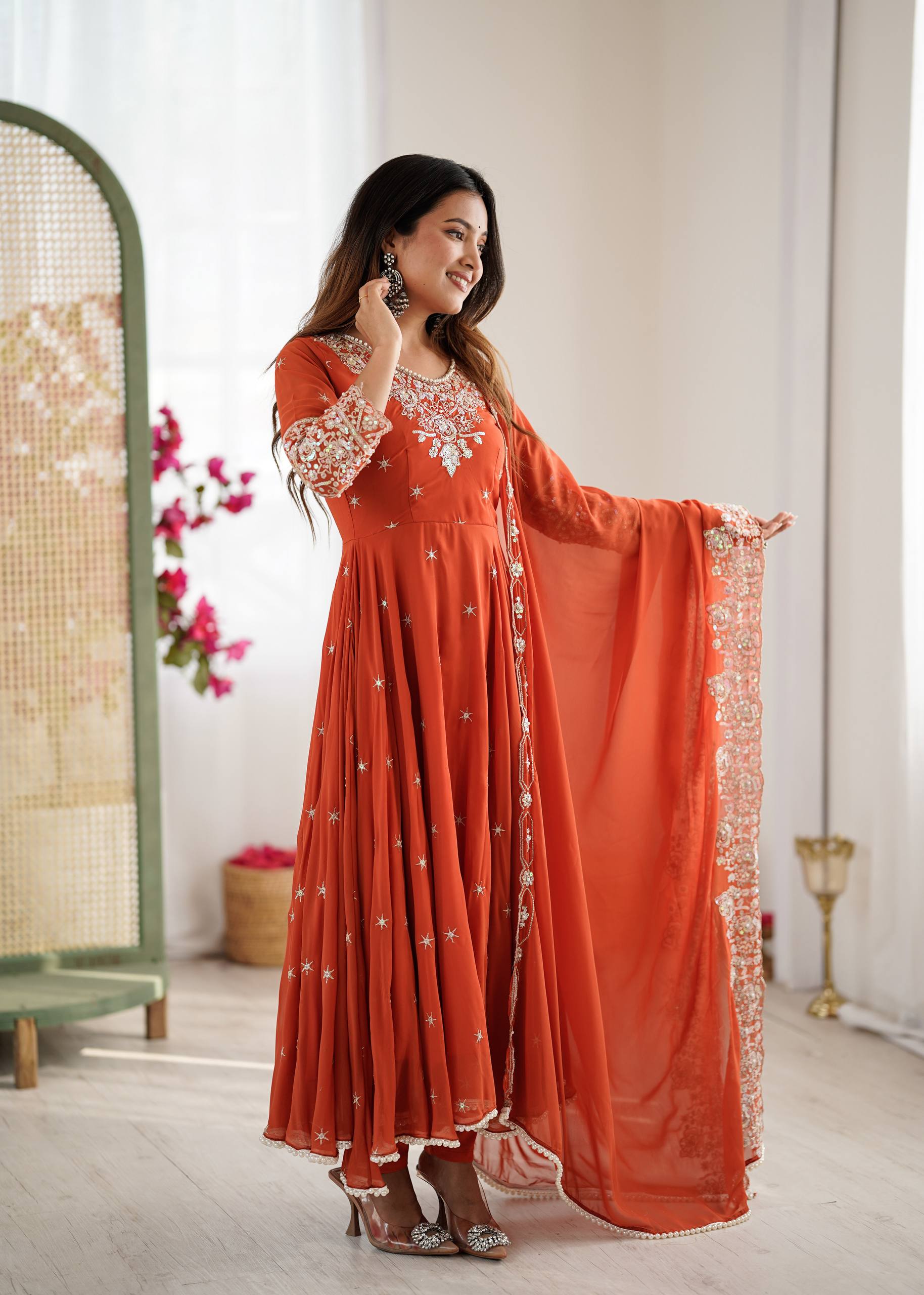Designer Anarkali Gown with Dupatta & Bottom | Heavy Embroidery Rainbow Sequin Work