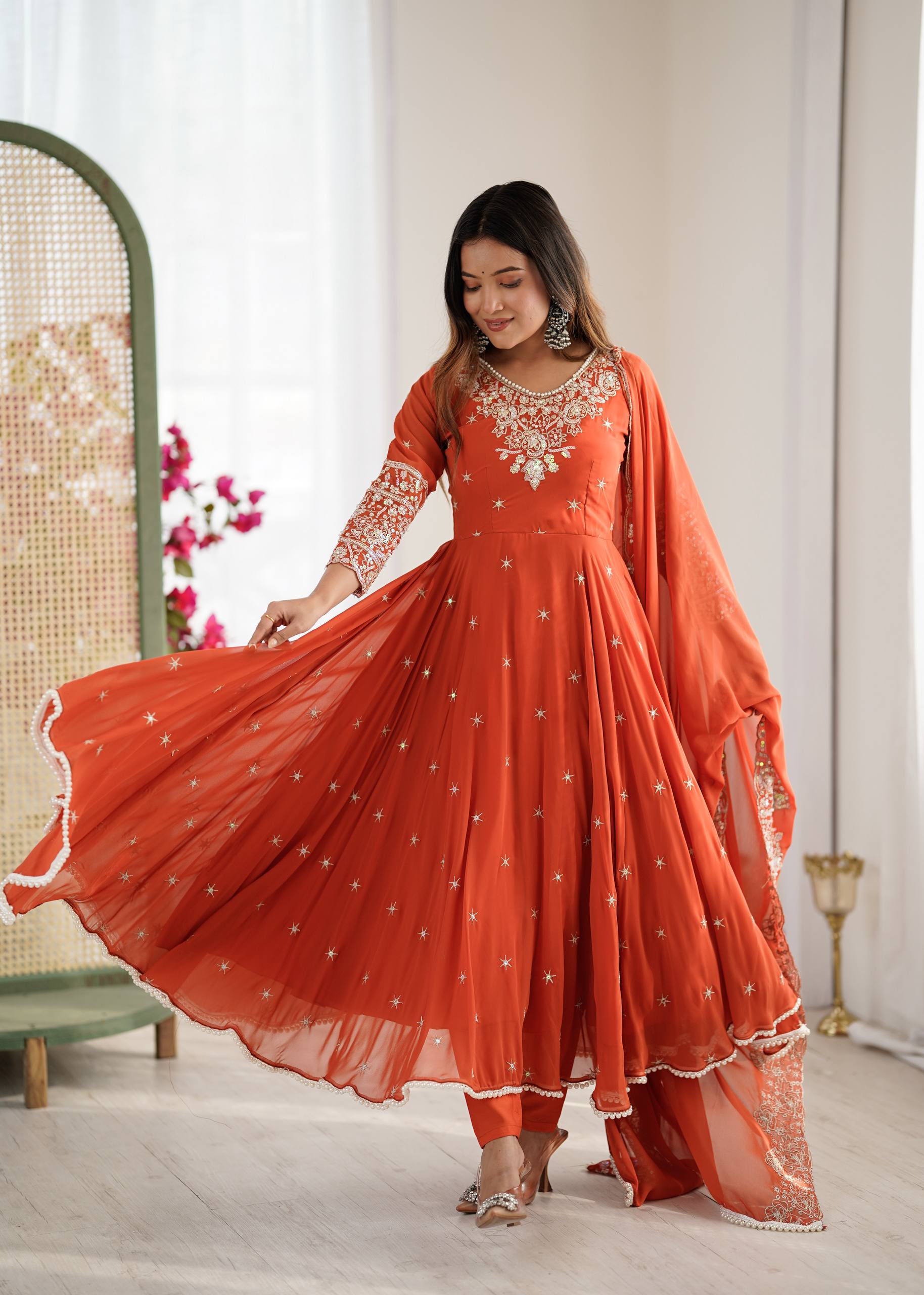 Designer Anarkali Gown with Dupatta & Bottom | Heavy Embroidery Rainbow Sequin Work