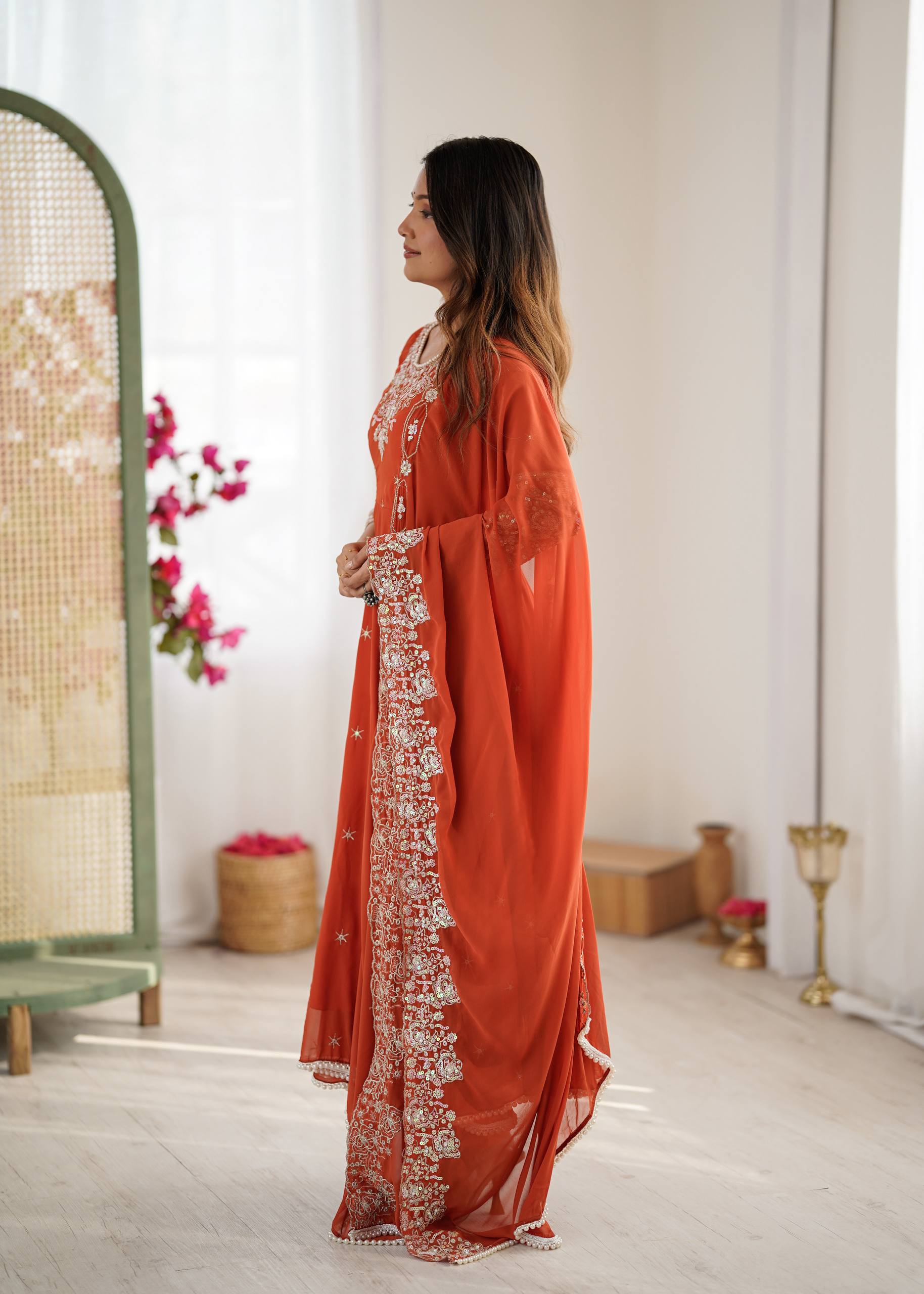 Designer Anarkali Gown with Dupatta & Bottom | Heavy Embroidery Rainbow Sequin Work