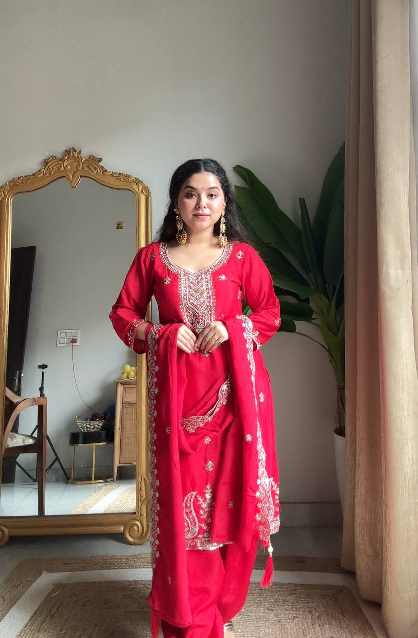 Red Designer Premium Chinon Kurta Set