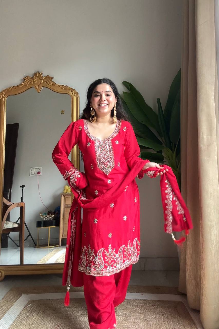 Red Designer Premium Chinon Kurta Set