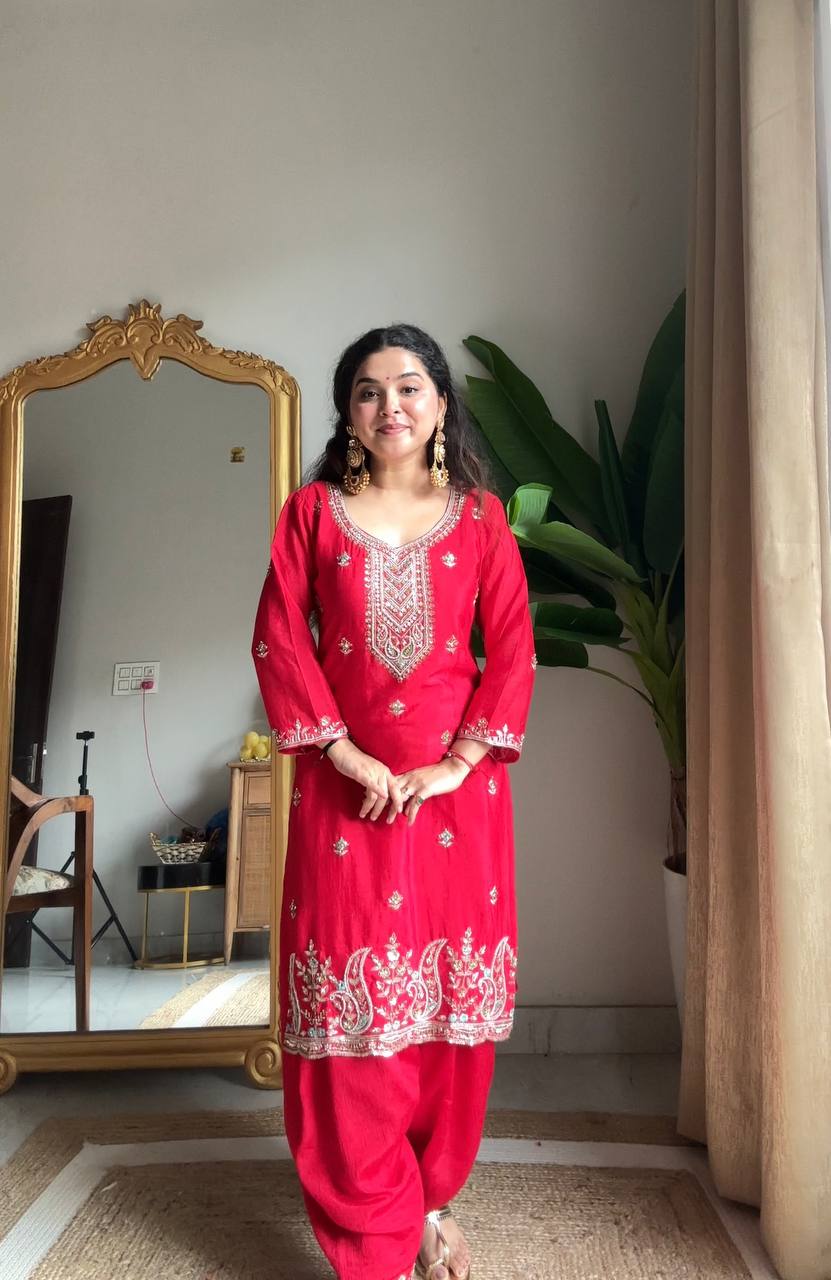 Red Designer Premium Chinon Kurta Set