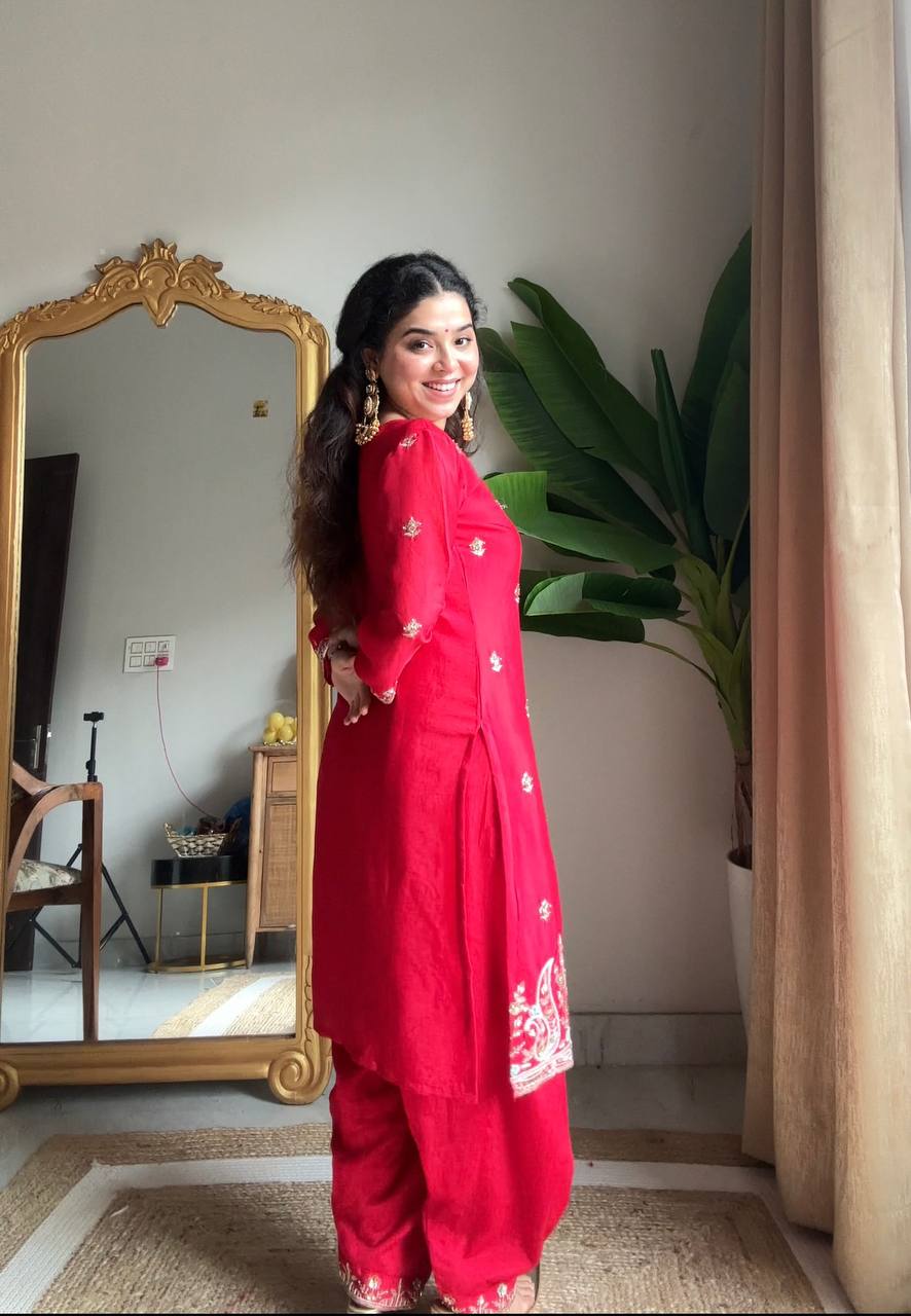 Red Designer Premium Chinon Kurta Set